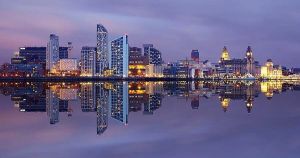 Liverpool skyline at night.